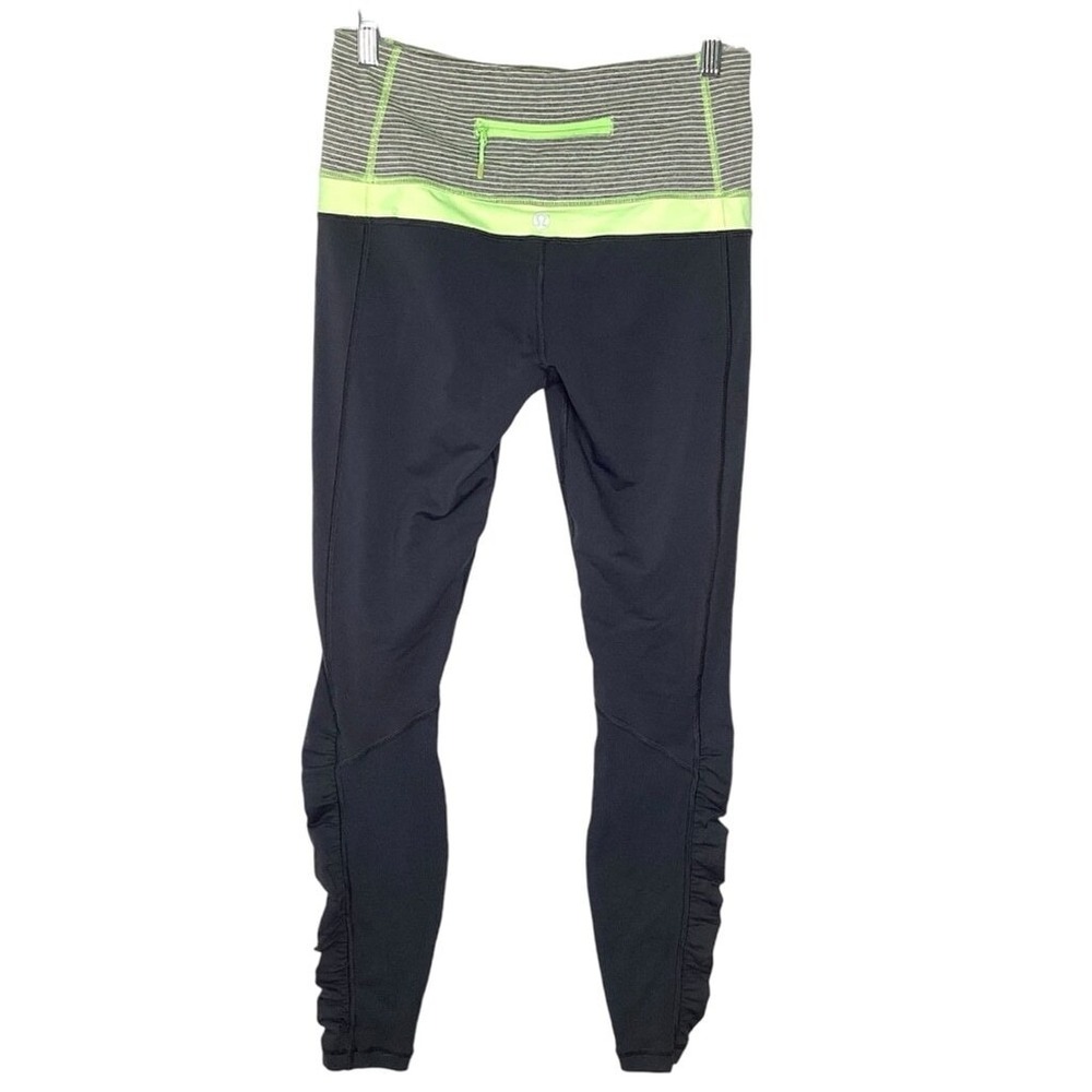 Lululemon‎ Swift Speed 7/8 Leggings Sz 8 Black Green Zippered Pocket Dance EUC